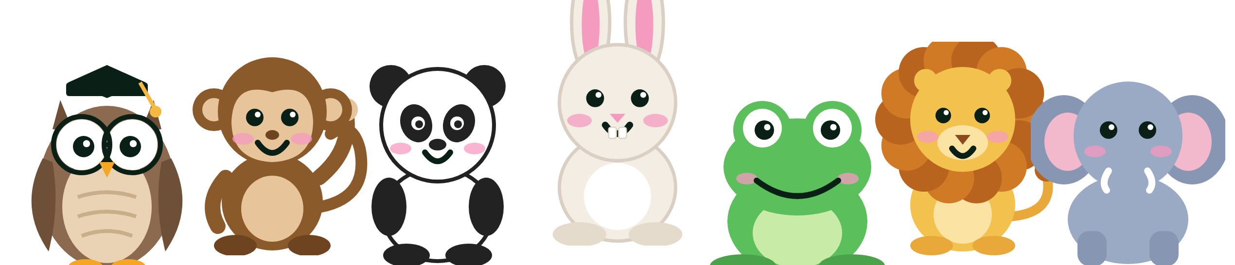 Professor Hoot the owl, Momo the monkey, Pip the panda, Rosie the rabbit, Hopper the frog, Leo the lion and Ellie the elephant